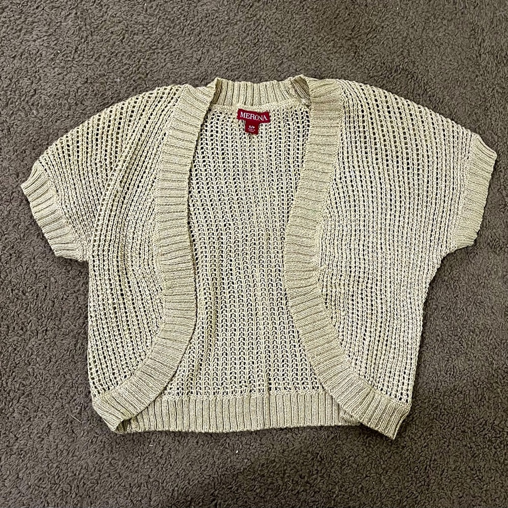 Merona short sleeve shrug sweater, beige/gold, size small